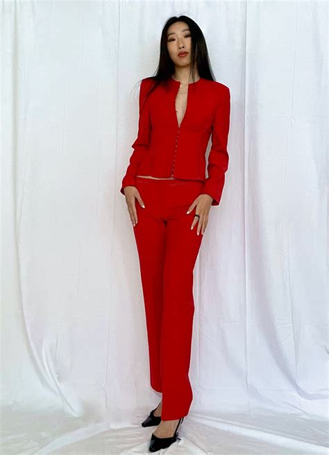 versace red floral pant outfit|Versace pantsuit.